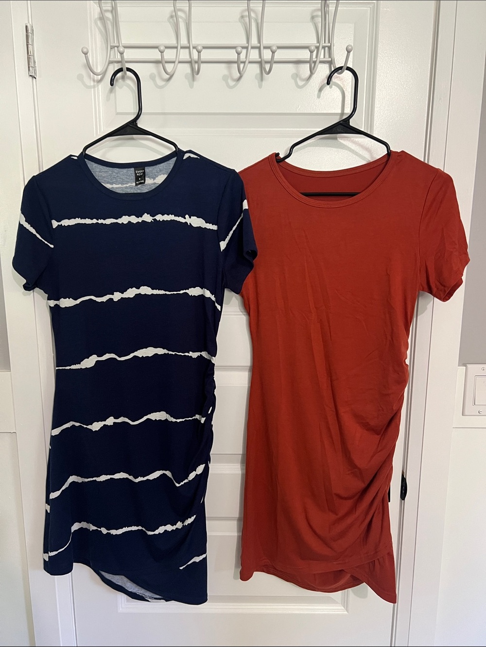 Women’s Short Sleeve Navy Stripe and Rust Ruched T-Shirt Dresses